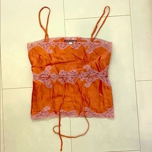 Bronze silk top with lavender lace